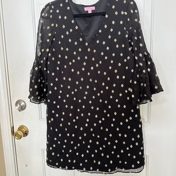 Lilly Pulitzer Dress Caroline Black Gold Silk Bell Sleeve V-Neck Tunic Mini - Picture 3 of 7